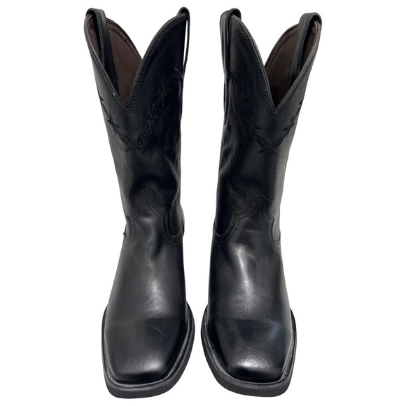 Black Leather Cowboy Cowgirl Western Barbed Wire Square Toe Treaded Work Boots - Picture 2 of 9